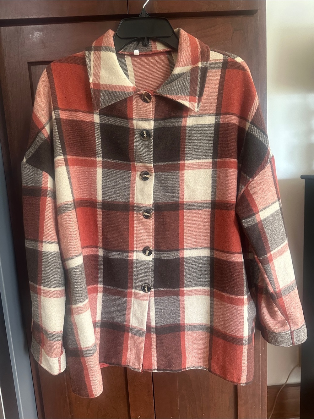 Boutique Women’s Plaid Button-Up Shirt Jacket Coat - Rust, Cream & Brown